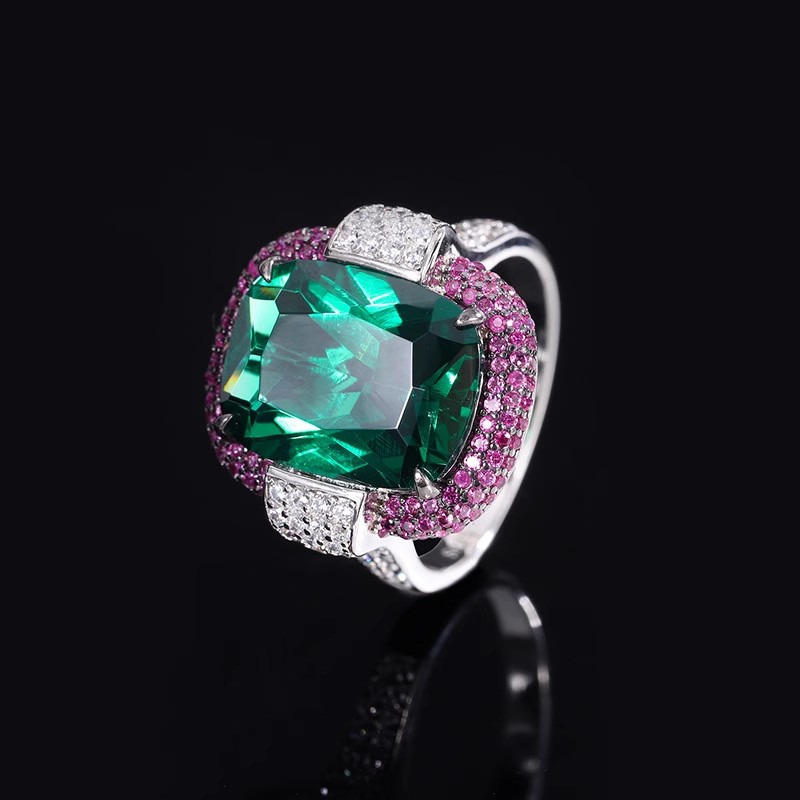 Anelli di smeraldi rubini color argento per le donne Fedi nuziali con diamanti da laboratorio Pietra preziosa Cocktail Party Gioielleria raffinata Regalo di anniversario femminile