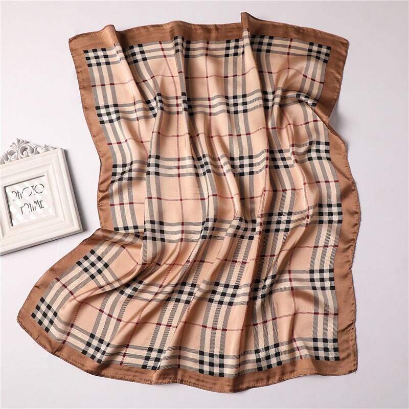 Foulard en soie de marque de luxe, foulard carré imprimé à carreaux, accessoires en satin pour sacs, foulards, foulard en mousseline de soie, hijab, bandana: 002