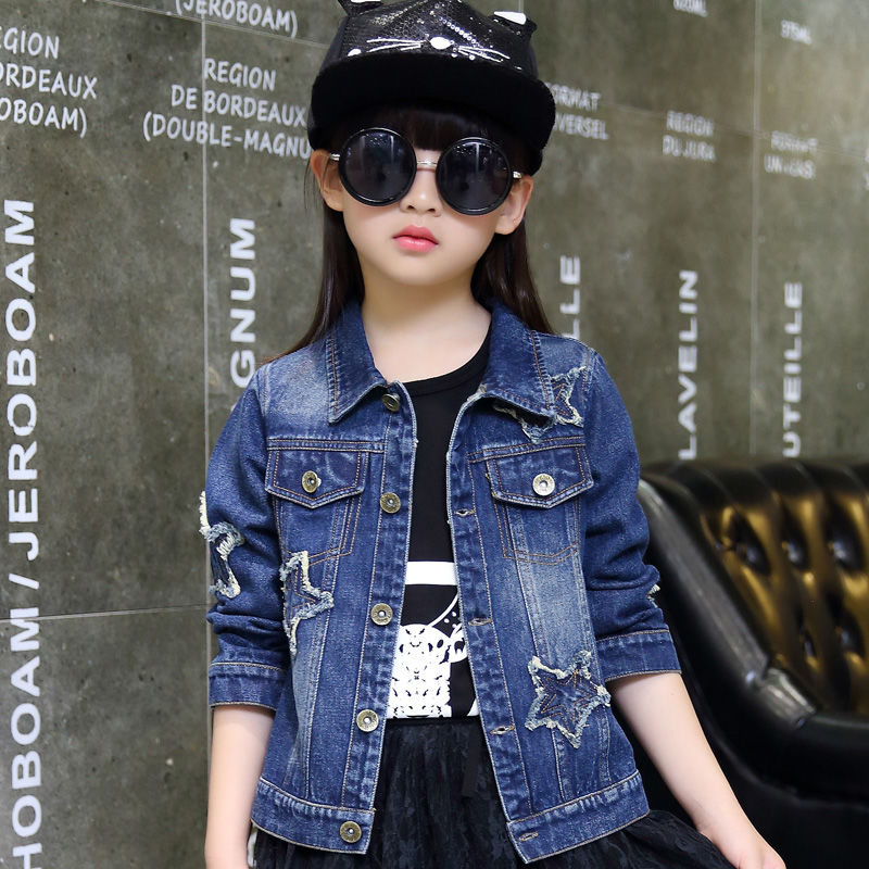 Chaqueta vaquera para niñas, abrigo de lavada con estrella de cinco puntas y lentejuelas brillantes, ropa informal de manga larga para primavera y otoño,