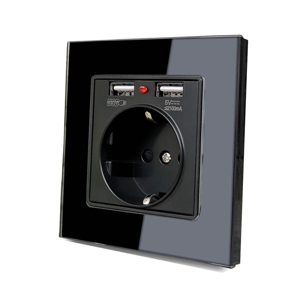 86*86mm Glass Panel EU Stopcontact met 2.1A 2 USB Poorten Opladen, 16A 2100mA Elektrische Stopcontact