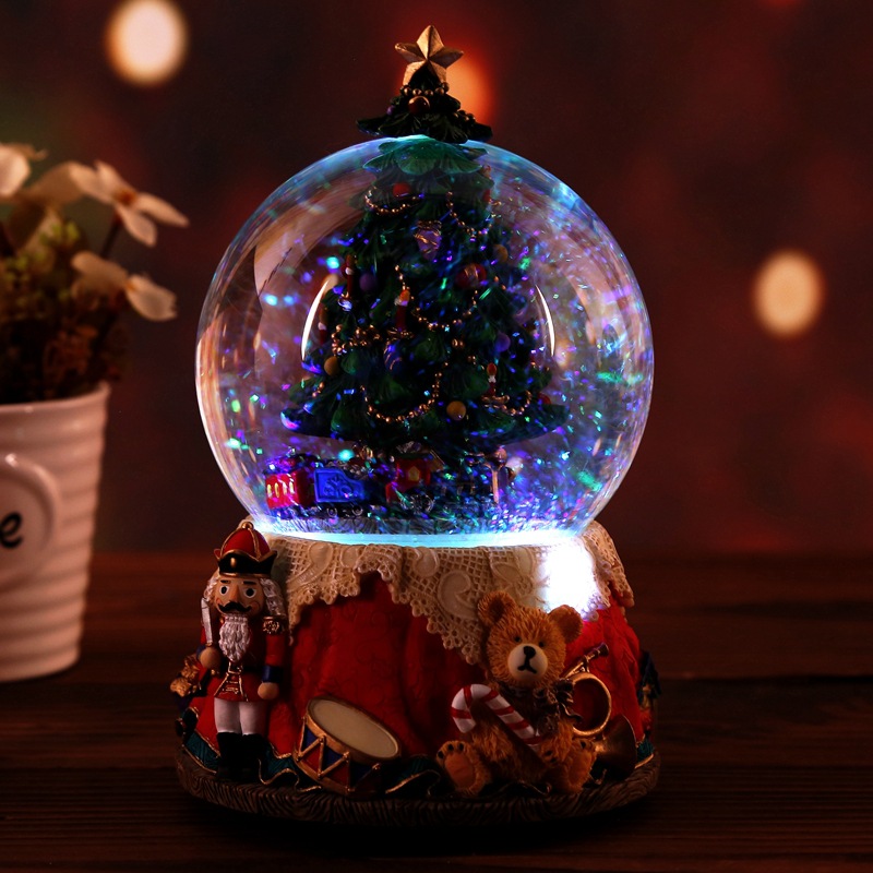 Resin Music Box Crystal Ball Snow Globe Glass Lights With Speaker Spinning Christmas Tree Crafts Desktop Decoration