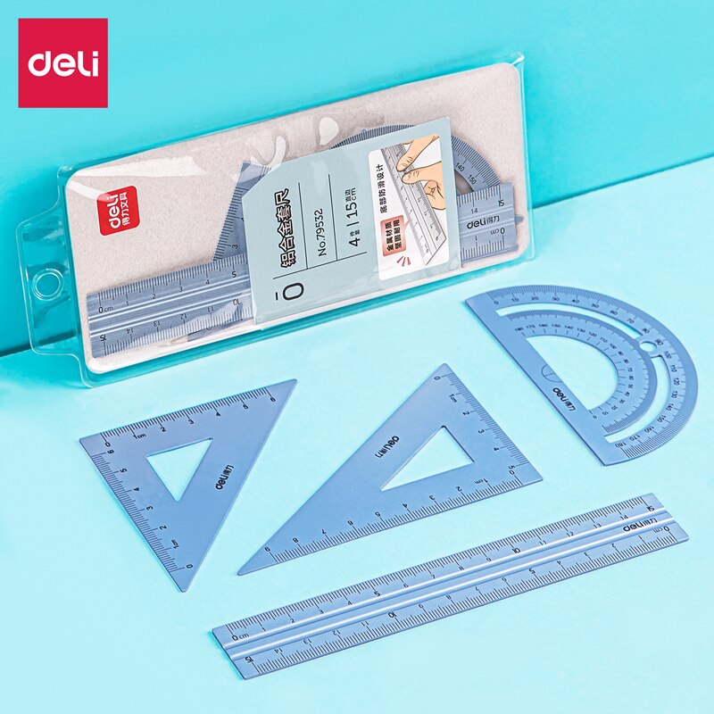 Deli Aluminium Ruler Set 4pcs/set Metal Geometry Maths Drawing compass DIY stationery Rulers mathematical for School 79532: Blue