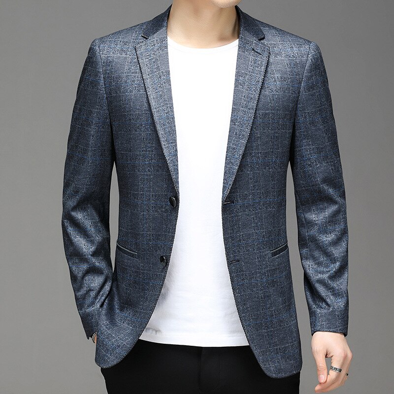 Men's Spring and Autumn Business Casual Plaid Non-Ironing Suit Youth Double Buckle and Handsome blazer