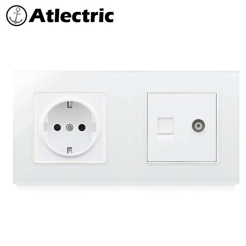Atlectric EU DE Standard Plug Wall Power Socket RJ45 Computer TV PC Port Double Socket Power Electrical Outlet Tempered Glass