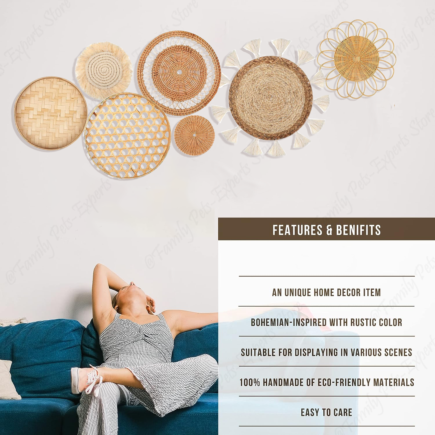 7 Uds. Decoración de pared de ratán bohemio, cestas tejidas colgantes, decoración bohemia para el hogar, decoración de pared de mimbre hecha a mano para dormitorio, granja