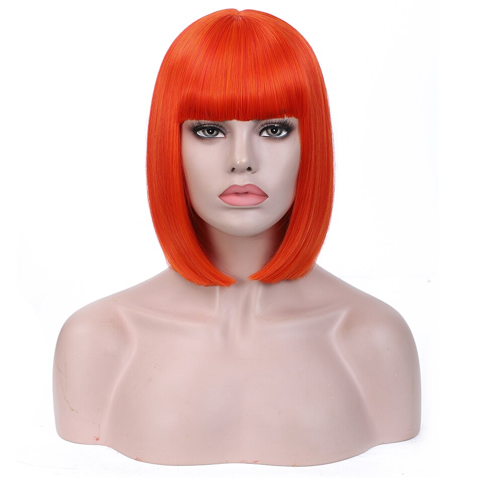 Rosa star 13 tommer korte lys lilla bob syntetiske rett hår parykker med pannelugg for kvinner fargerike cosplay hår parykker: Oransje rød