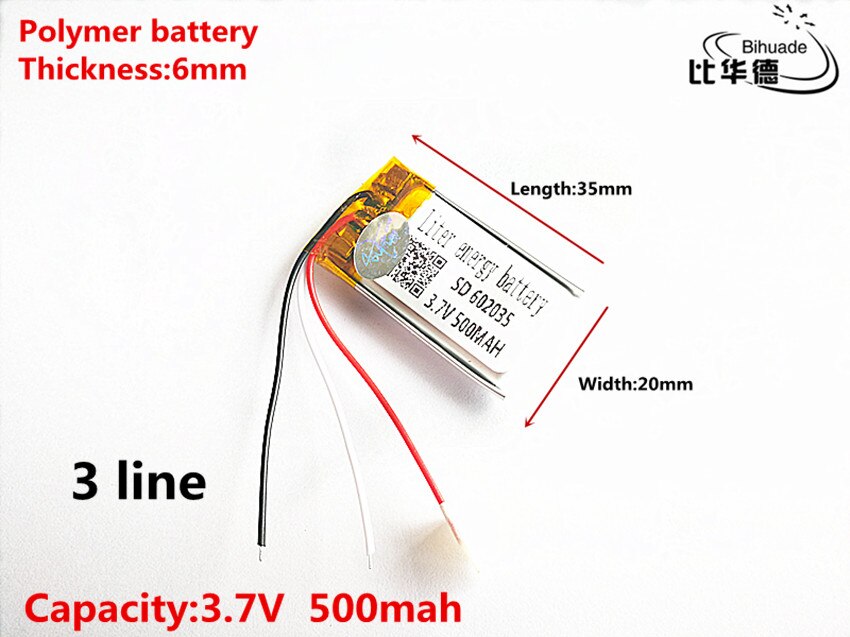 3 lijn Goede Qulity 3.7 V, 500 mAH, 602035 lithium Polymeer ion/Li-Ion batterij voor SPEELGOED, POWER BANK, GPS, mp3, mp4