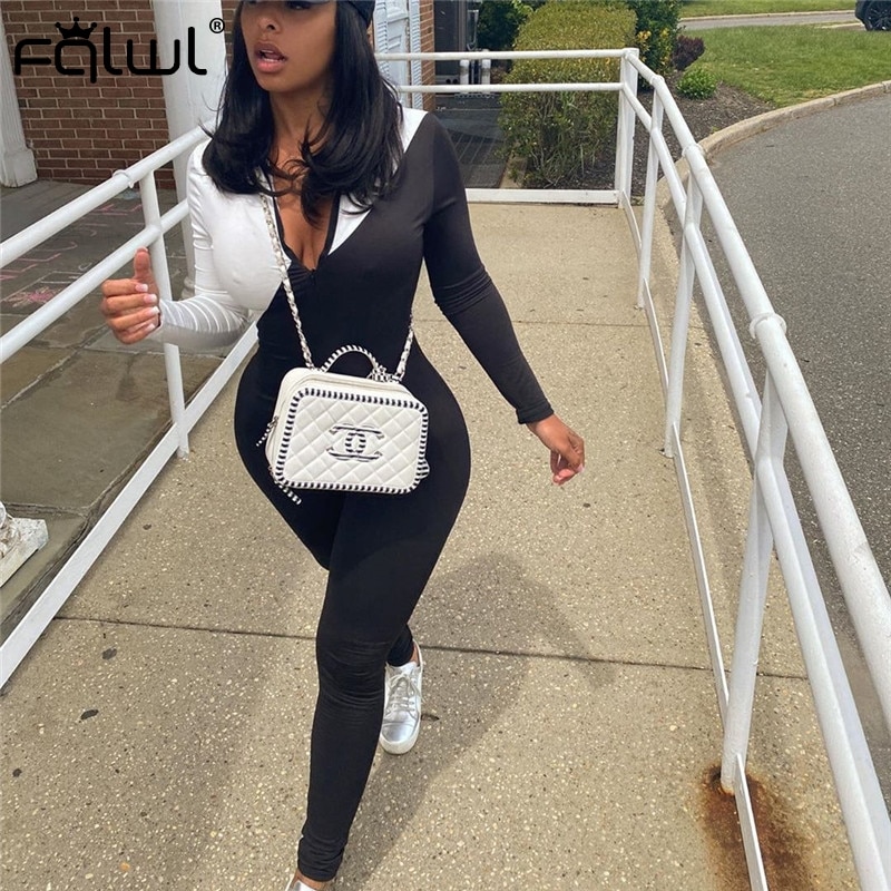 FQLWL-ropa informal con de varias telas, mono de manga larga en blanco y negro de una pieza para mujer, outfit ajustado con cremallera para otoño