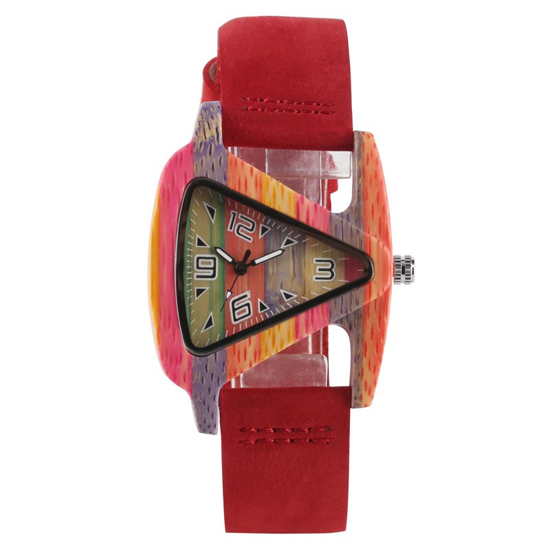 Unikt farverigt træur trekantet urskive ur ur kvinder kvarts læderarmbåndsur kvinders håndled reloj mujer: 4