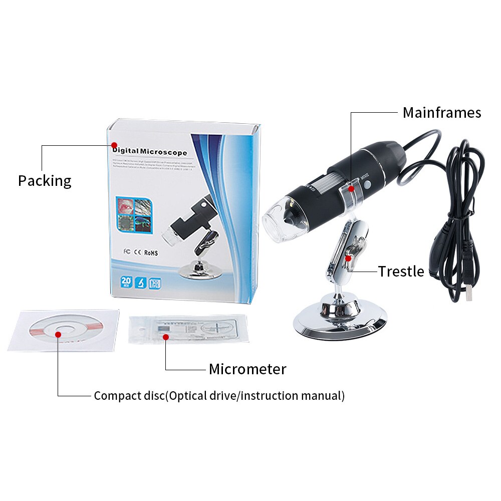 Adjustable 1600X Microscope Handheld Digital Microscope Endoscope USB Interface Electron Microscope with 8 LEDs with Bracket: Default Title