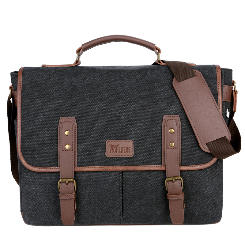 Vintage Mannen Aktetassen Canvas 14 Inch Laptop Tassen Draagbare Tas Voor Mannen Business Aktetas Schoudertas: Black