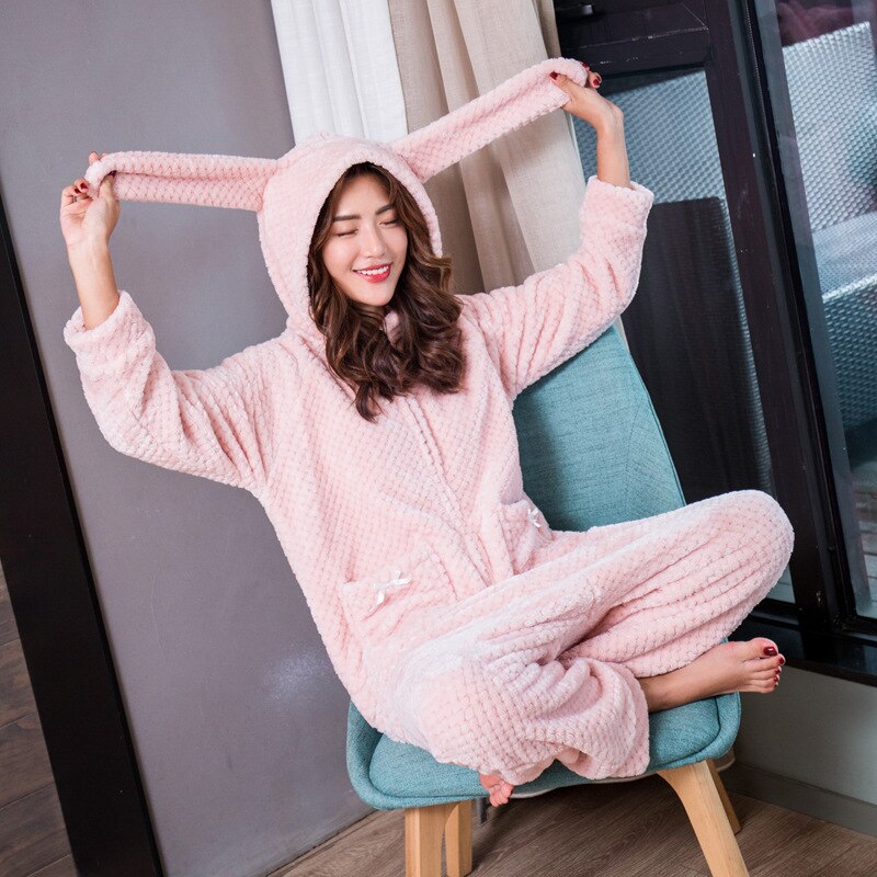 Rabbit Ears Adorable Pink Young Girl Pajama Onesie Women Winter Hooded Solid Animal Pajamas Plus Size Flannel Bunny Sleepwear: Pink / M