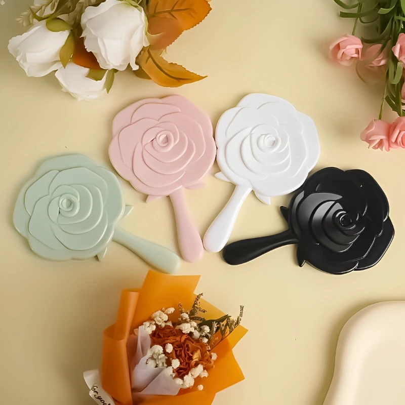 Espejo de maquillaje con forma de flor rosa, extensión de pestañas, espejo de tocador de mano, espejo cosmético portátil para niñas y mujeres, herramientas de maquillaje