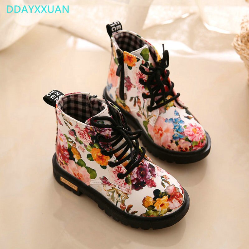 Kids Laarzen Leer Herfst Mode Bloemen Bloemenprint Kinderen Baby Martin Laarzen Leuke Casual Meisjes Laarzen Schoenen