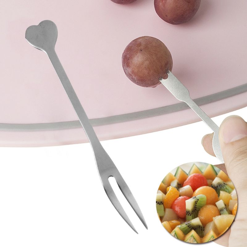 Mini Rvs 2 Tanden Vork Dessert Cake Fruit Salade Bestek Bestek Liefde Hart Handvat Handig Thuis Keuken
