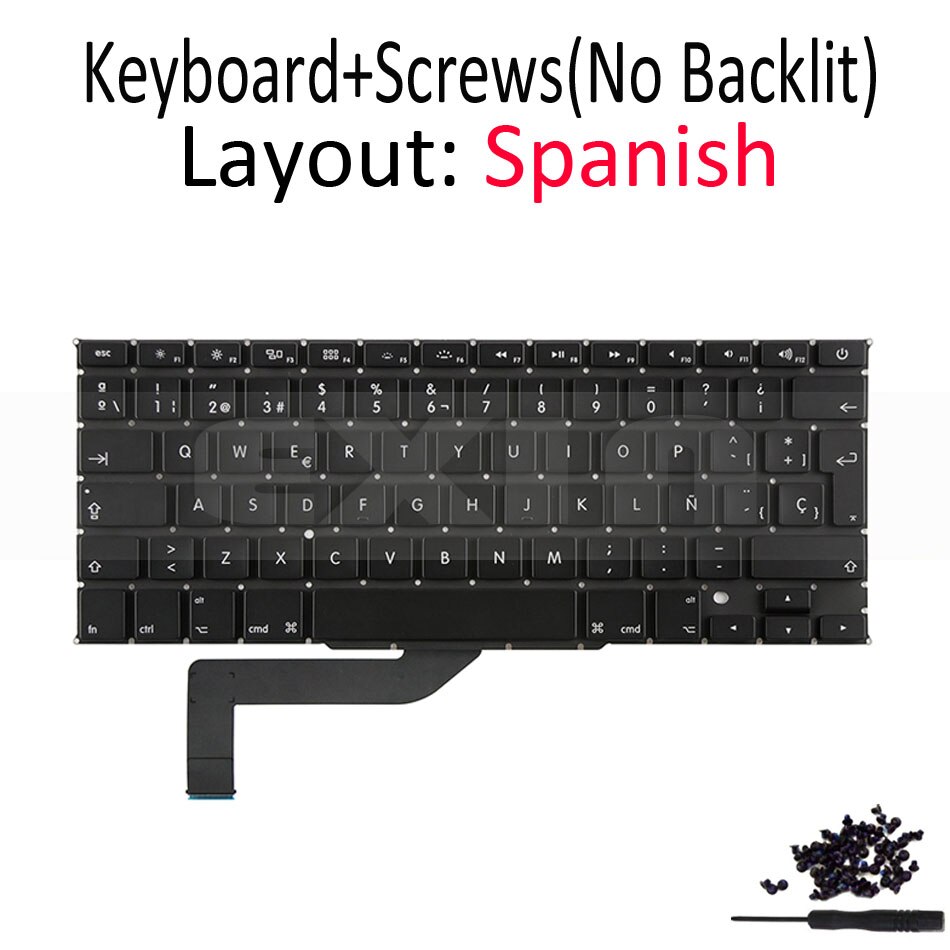 for Apple Macbook Pro Retina 15" A1398 SP Spain Spanish Keyboard with Backlight Backlit and Screws: Black