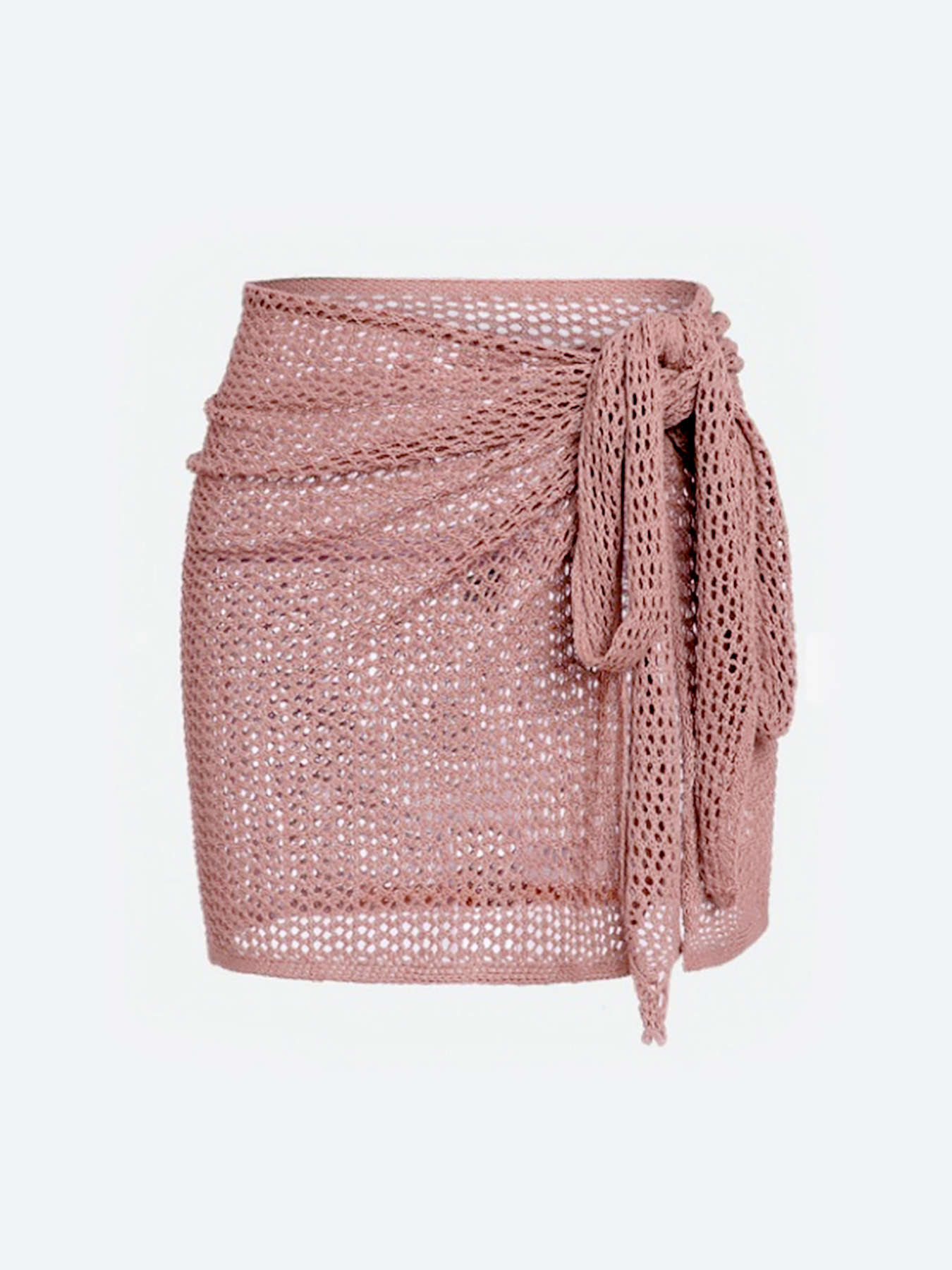 Women's Knitted Short Skirt with Hollow Straps and Slit, Sexy Beach Coverup Shirt for Summer: L / Lotus root color