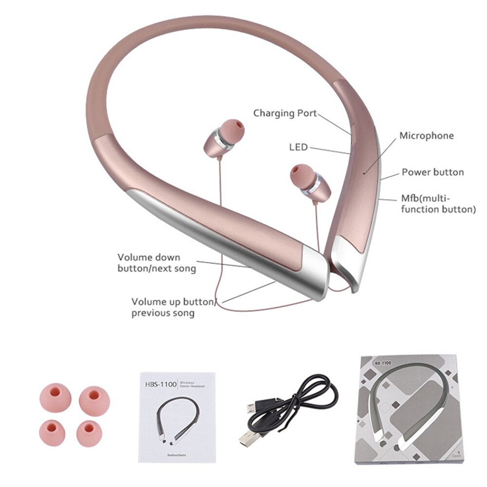 HBS-1100 Stereo Bluetooth Headphone Binaural Hand-free Neckband Earphones Mini Wireless Headset: Rose Gold