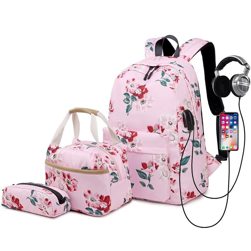 Tieners School Rugzak Set Meisjes Vrouwen Schooltassen Lichtgewicht Waterdichte Nylon Reizen Bloemen Kids Bookbags Casual Dagrugzak: S968 Pink 1 Set