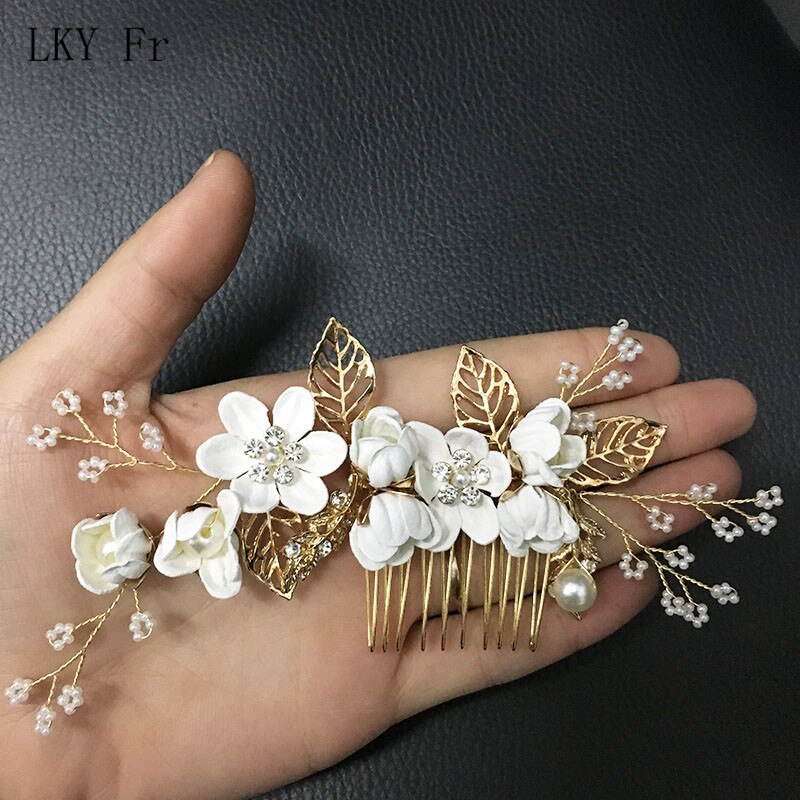 Lky fr bryllup hår tilbehør brude hovedbeklædning kamme guld blade brud hovedbeklædning perle hårnål blomster brud bryllup dekoration