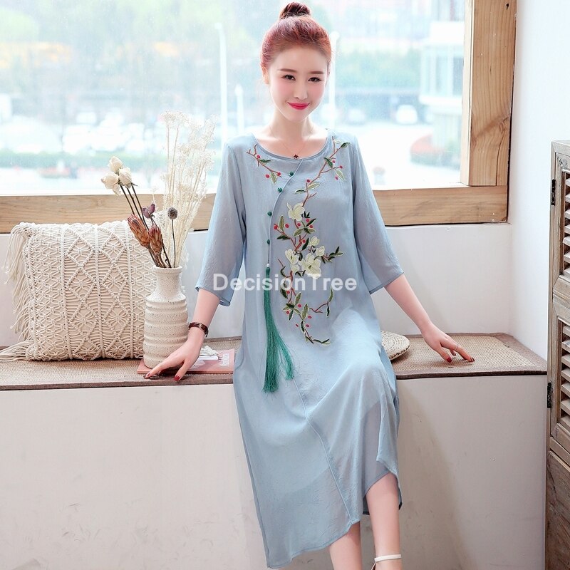 chinese dress cheongsam qipao folk style cheongsam women traditional chiffon cheongsam dress floral embroidery qipao dress: color3 / L