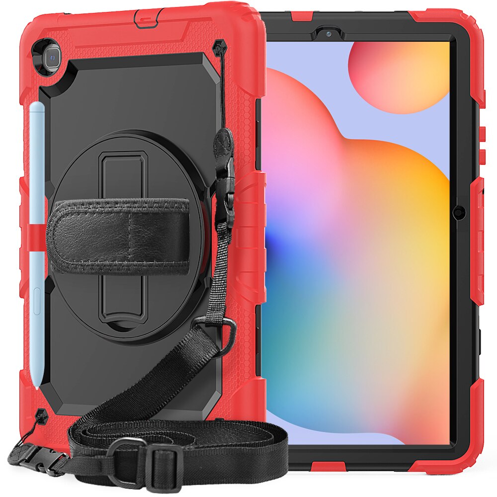 Funda de silicona con soporte y correa de mano para Samsung Galaxy Tab S6 Lite, funda protectora con rotación de 360 grados, 10,4, , P610, P615: Rojo