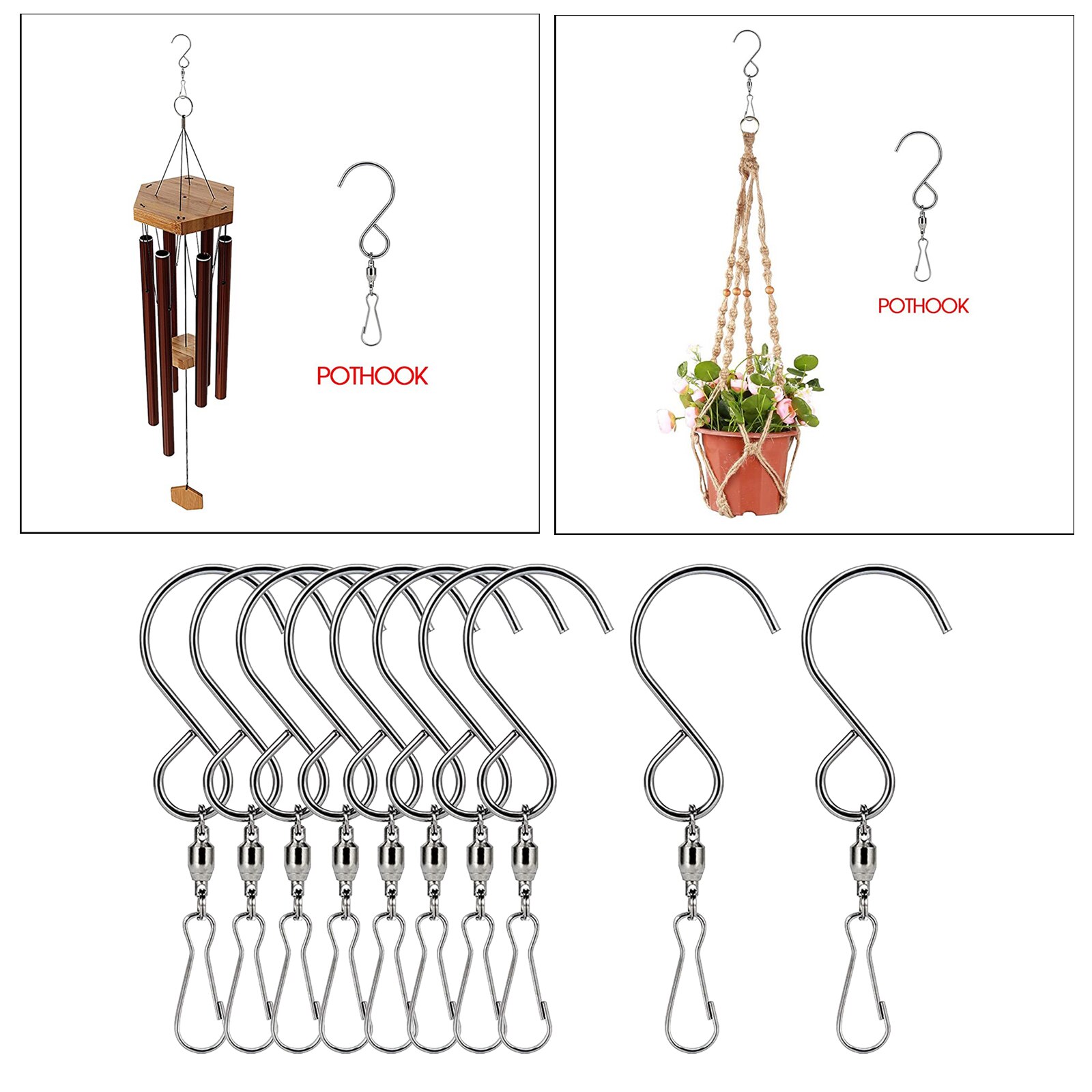 10 Pack Stainless Steel Swivel S Hooks Clips Hanging Planter Pot Solar Lights Bird Feeder: Silver