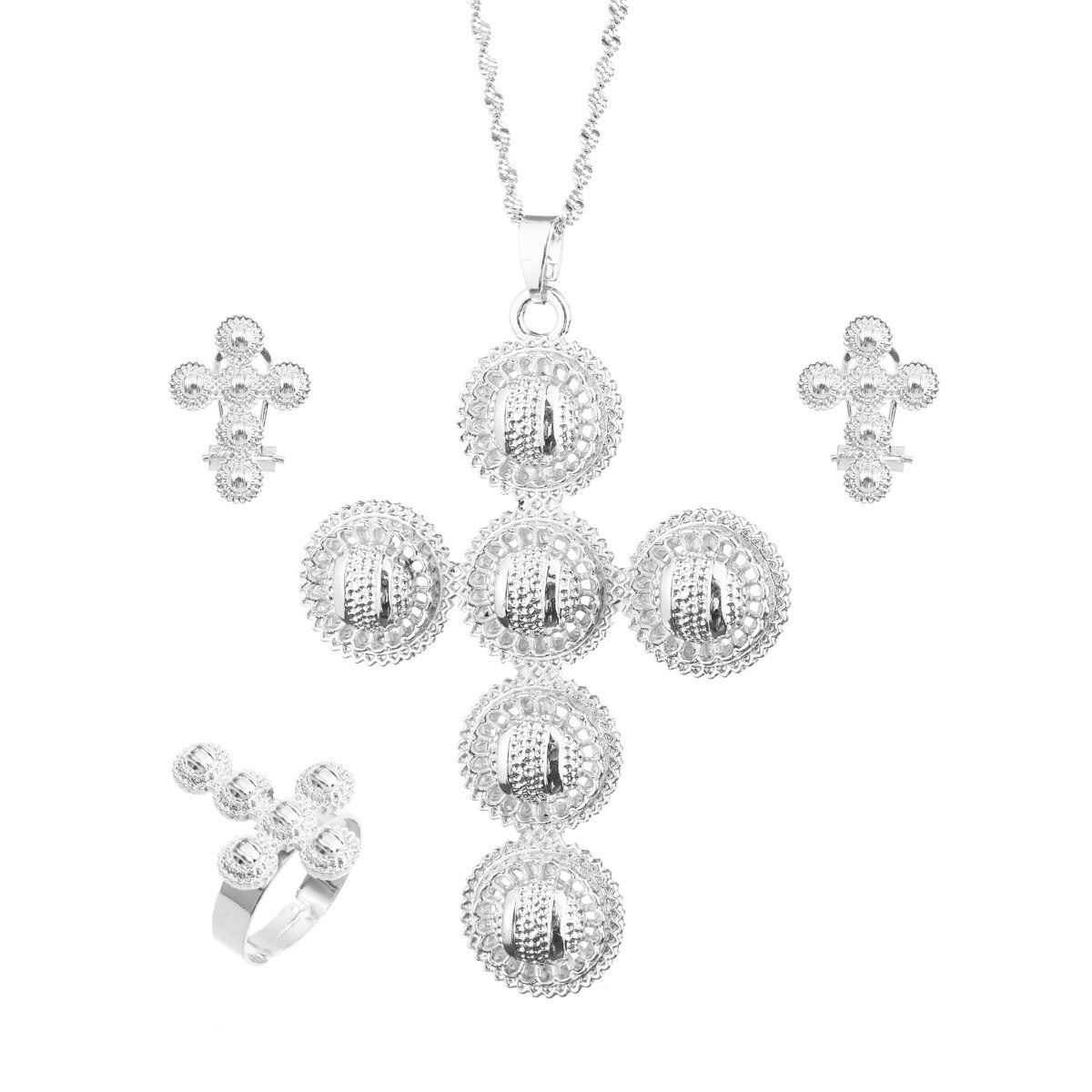 Ethiopische Traditiona Cross Sieraden Set Ketting Oorbellen Ring Ethiopië Gold Eritrea Sets Voor Vrouwen Habesha Wedding Party: Licht Geel Kleur