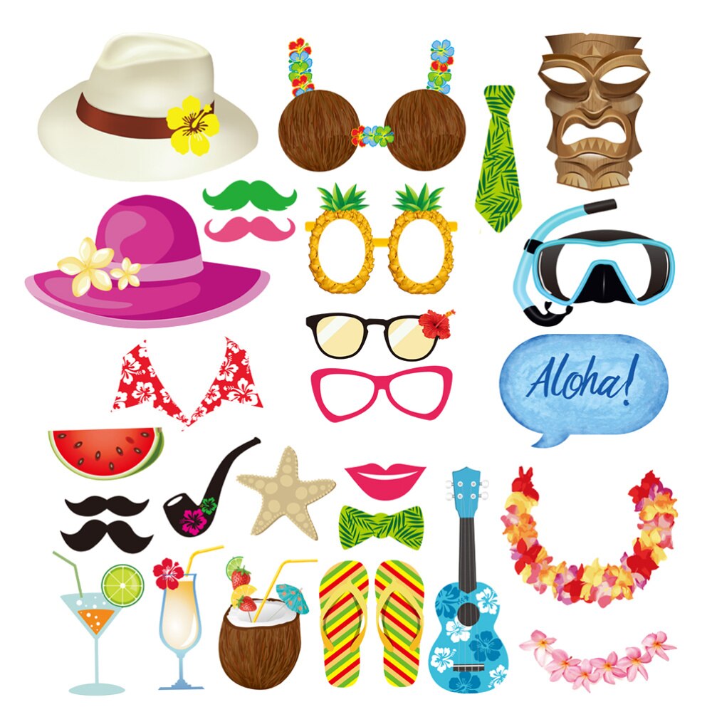 28pcs Hawaii Photo Booth Props Kit Beach Vacation Seaside Photobooth Dress-Up Accessories