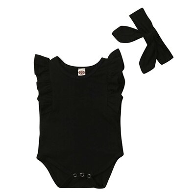 Infant Baby Mädchen Ärmellose Einfarbig Rüschen Body Body Neugeborenen Sommer Casual Kleidung + Stirnband Outfits 6-24 Monat a20: Black / 6m