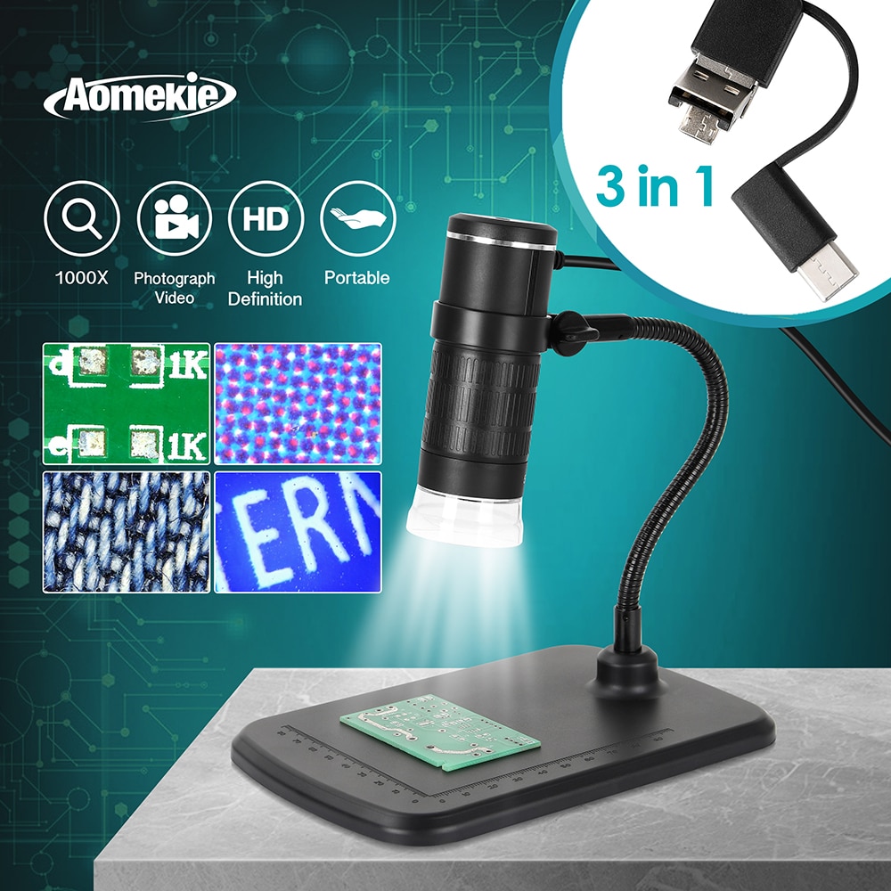 HD Electron Digital Microscope 1000X with 8 LED 3in1 Plug for Mobile Phone PC Skin PCB Inspection Tools Photo Video Recorder