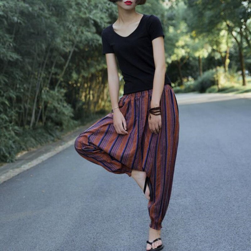 Woman Linen Pants Bloomers Woman Casual Travel Harem Pants Fluid Big Crotch Pants Indian Nepal Baggy Pants green red brown: XL / Auburn
