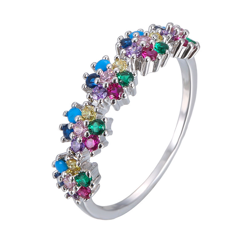 Charme kvindelig regnbue krystal tynd ring vintage sølv farve vielsesringe til kvinder lover blomster zirkon sten forlovelsesring