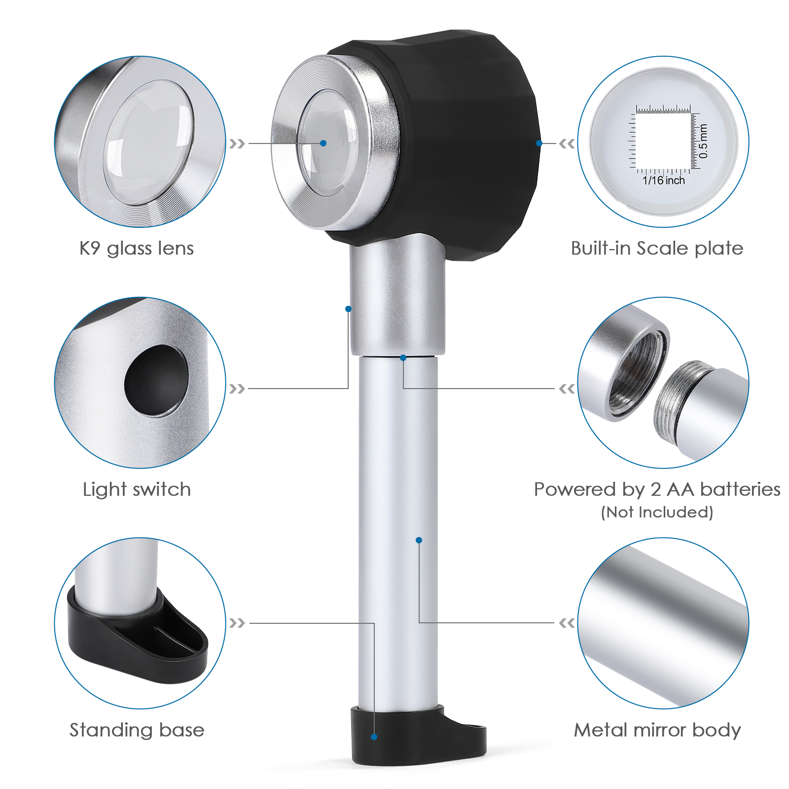 Handheld 10x Vergrootglas Loupe Led Optisch Glas Vergrootglas Met Lichtschaal Vergrootglas Sieraden Loepen Met Maatschaal