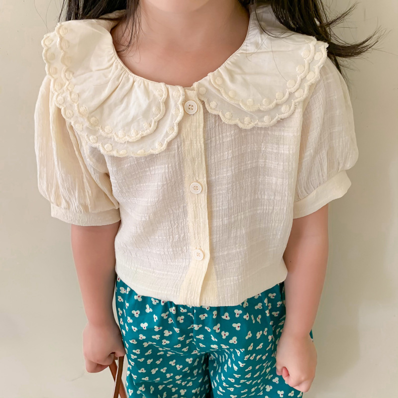 Camicia dolce in pizzo per ragazze camicia estiva per bambini manica corta a sbuffo camicetta per bambini abbigliamento per bambina doppio strato collo a petalo Chil: 1 to 2 Years