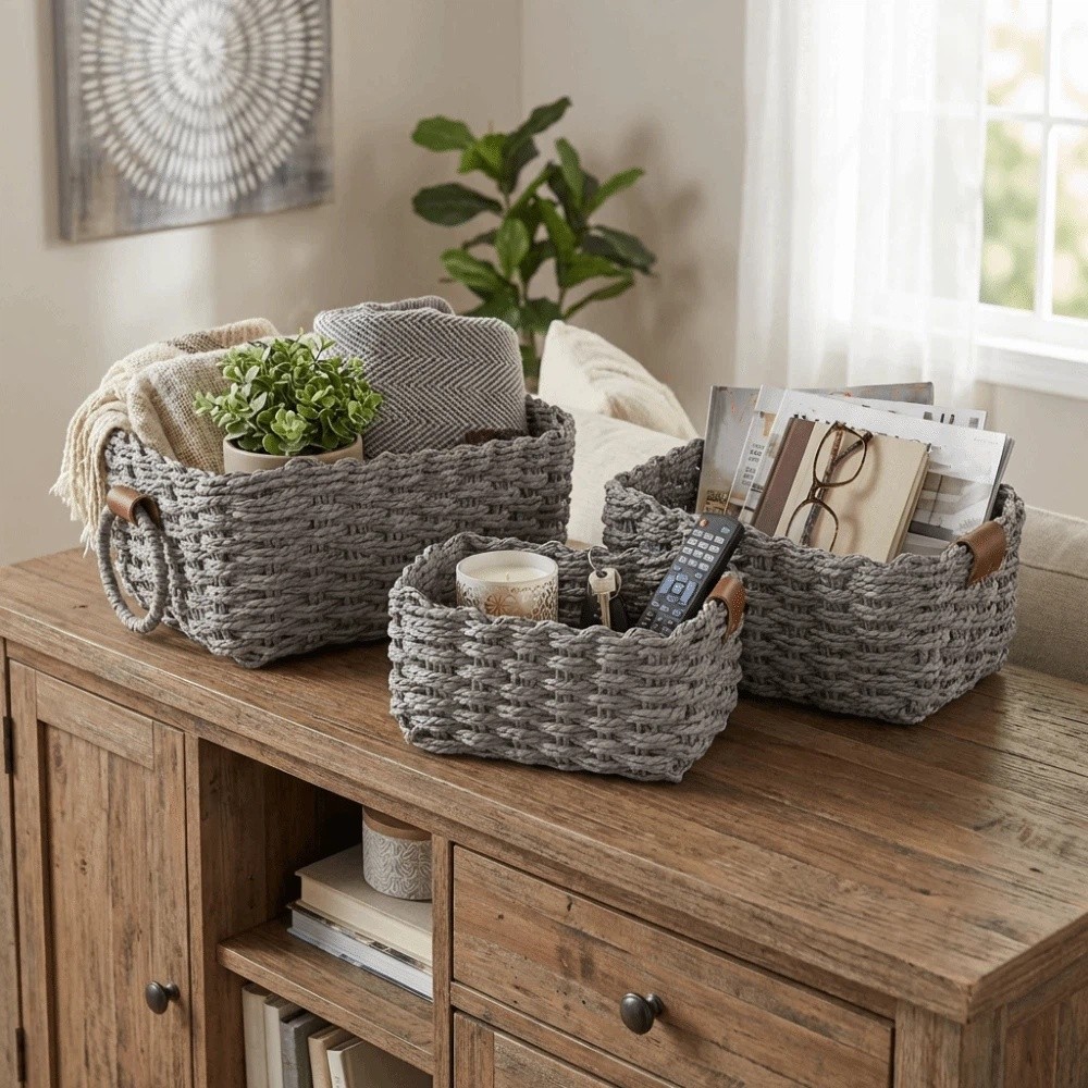 3PCS Handmade Paper Rope Storage Basket Simple Decorative Cosmetics Storage Basket Eco-friendly with Handle Laundry Basket