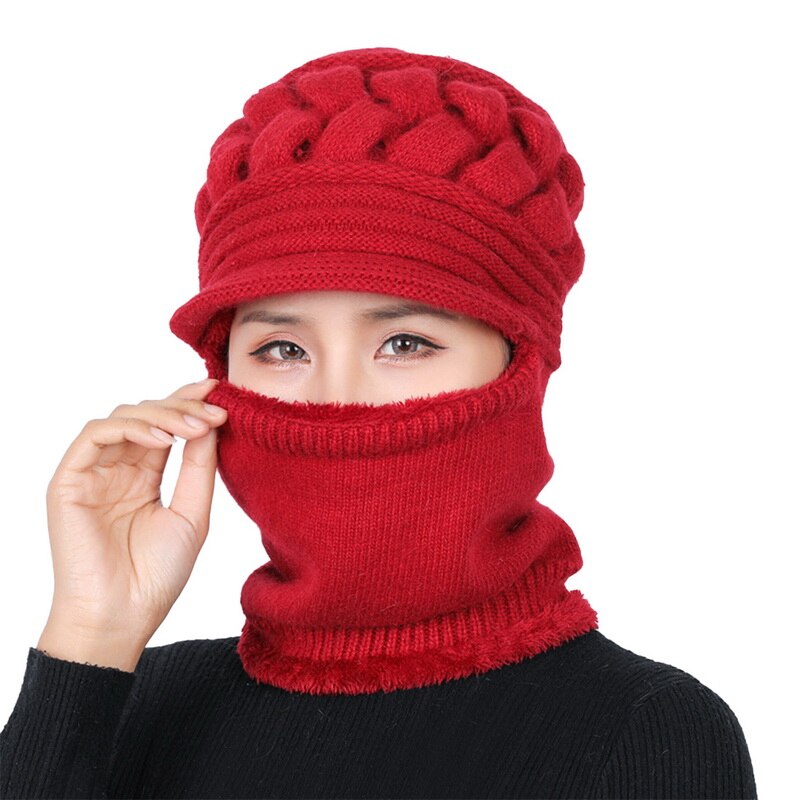 Damer vinter varm uld hat med tyk hagesmækmaske og høreværn hat kvindelig varm strikket uld hætte støvtætte cykel hatte: E769641