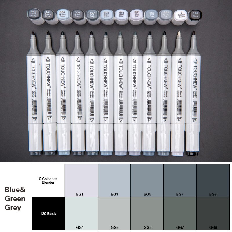 Touchnew 12 Cool Grijs Marker Warm Grijs Marker Set Dual Tips Alcohol Gebaseerde Kunst Markers Voor Tekening Manga Mark Leverancier briefpapier: 12 Blue Green Gray