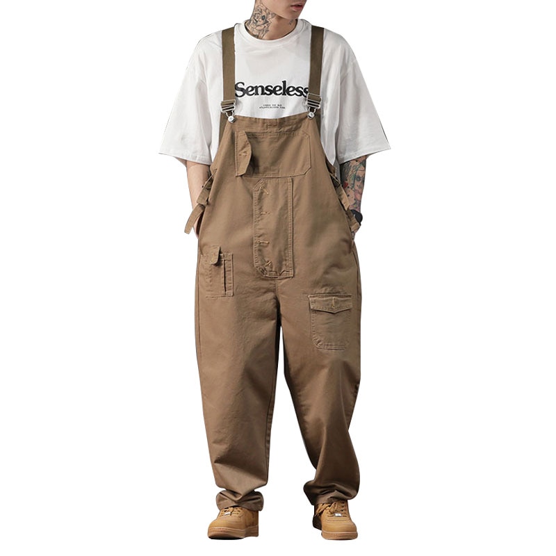 Cotton Overalls Men Bib Loose Multi-Pocket Straight Jumpsuits Pants Street Casual Hip Hop Khaki Brown Trousers