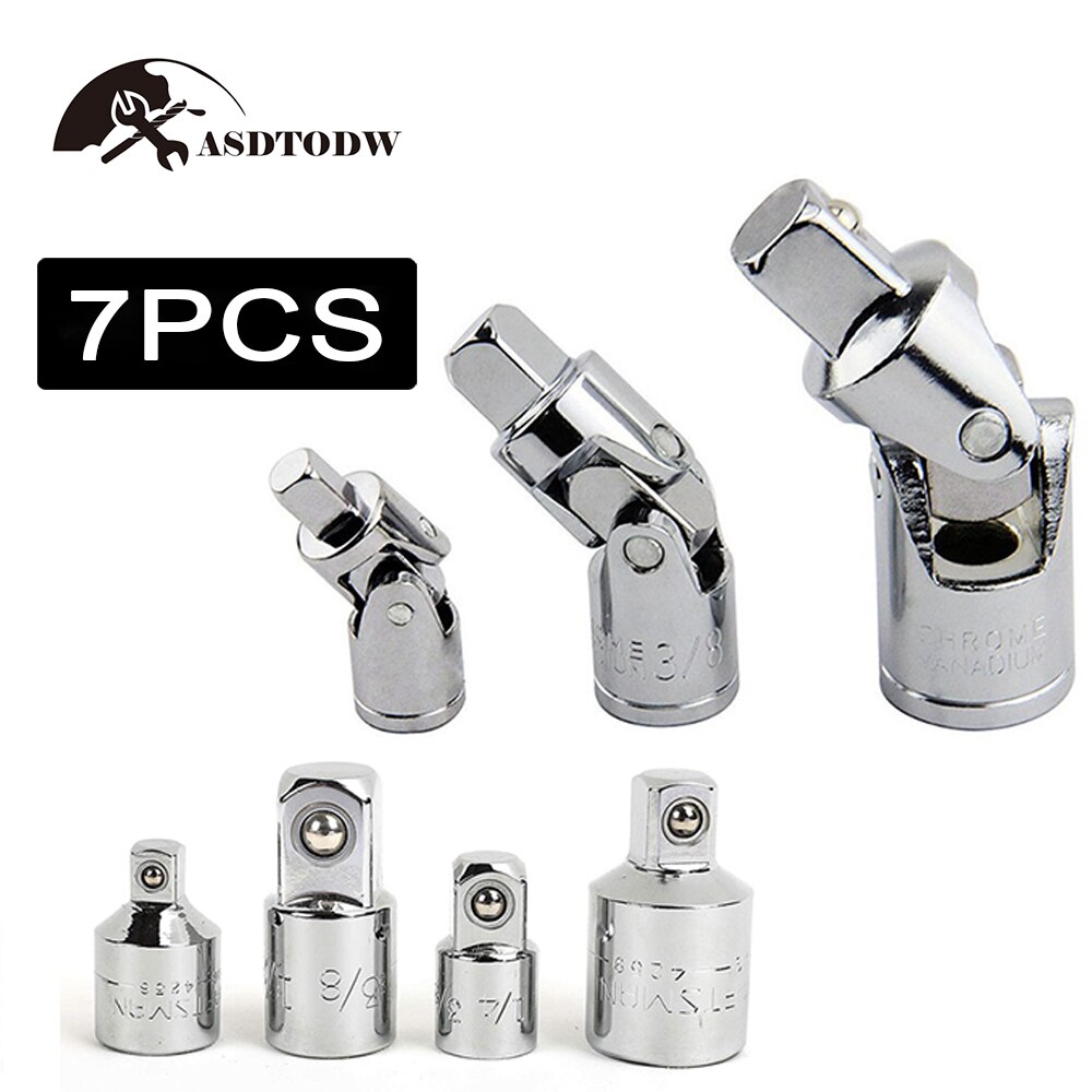 1/4" 3/8" 1/2" Universal Joint Set Ratchet Angle Extension Bar Socket Adapter Manual and Pneumatic Bendable Adapter Socket Tools: 7pcs-silver