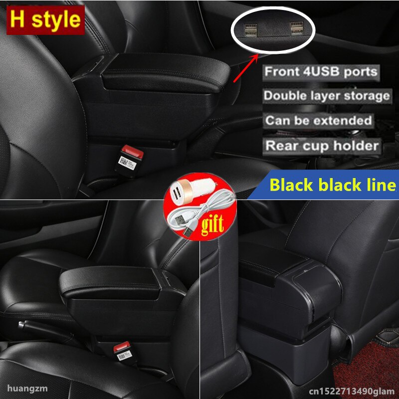 For Fiat 500 Armrest Box Central Store Content Storage Box with Cup Holder Ashtray USB Interface: H All Black 4 USB