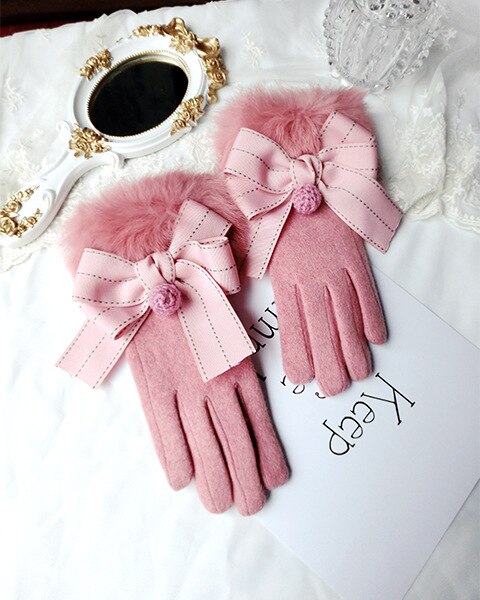 Cashmere Gloves Wool Piece Jump Point Bowknot Hair Ball Gloves Korean Touch Screen Five-Finger Warm Gloves: A384-2