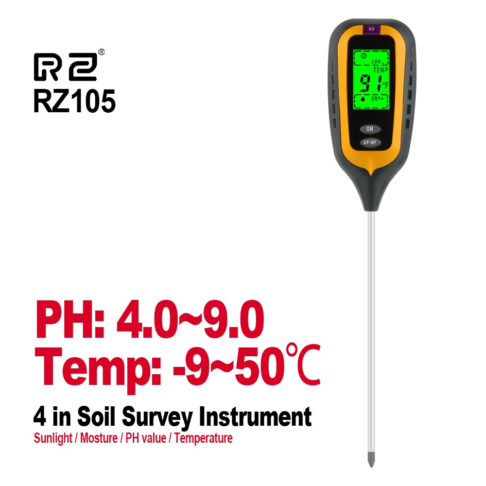 RZ 4 IN 1 Soil Tester Humidity Detector Digital PH Meter Soil Moisture Monitor Hygrometer Gardening Plant Lignt Sunlight Tester: RZ105