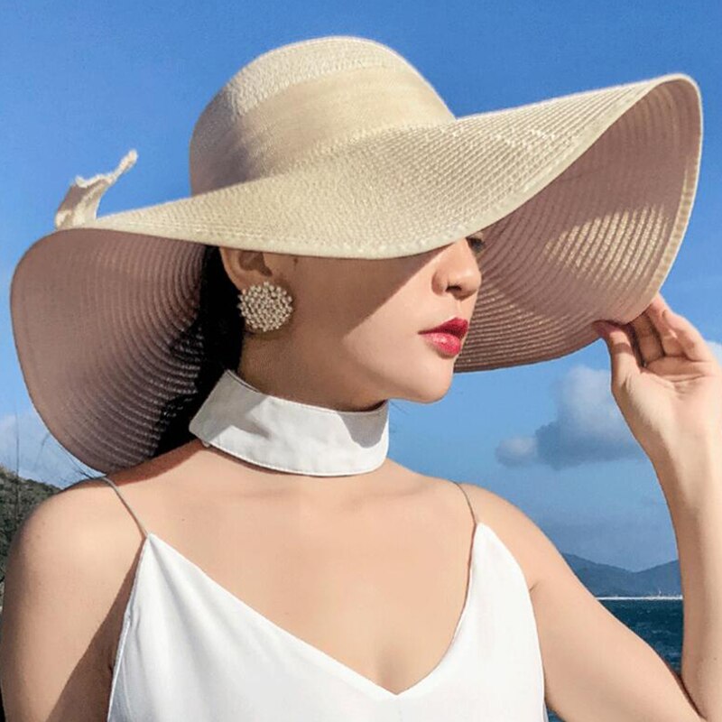 Zomer Panama Hoed Grote Rand Strooien Hoed Floppy Wide Brim Zon Hoeden Strik Strand Opvouwbare Hoeden Caps Voor Vrouwen Chapeu feminino