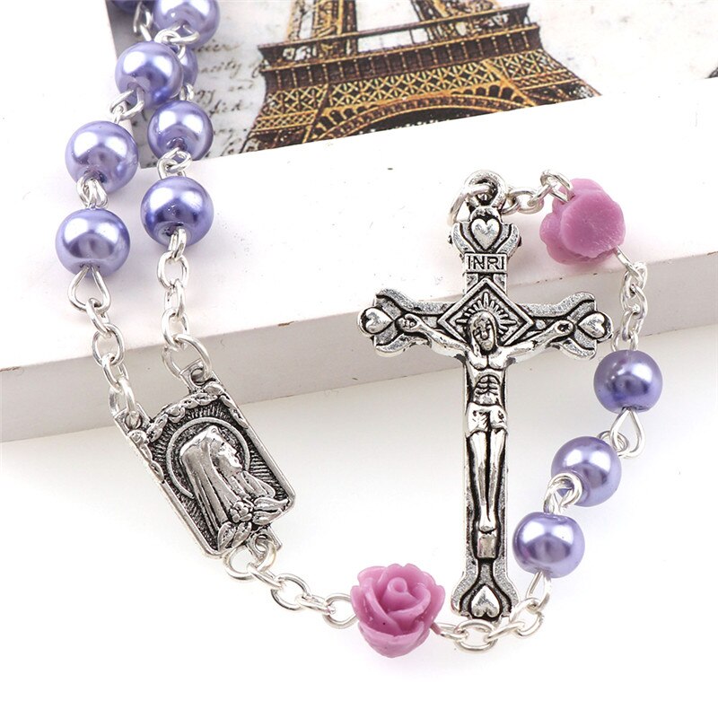 6 stili 6mm croce rosario collana imitazione perla fiore rosa vergine maria ciondolo gioielli religiosi cattolici regalo per le signore