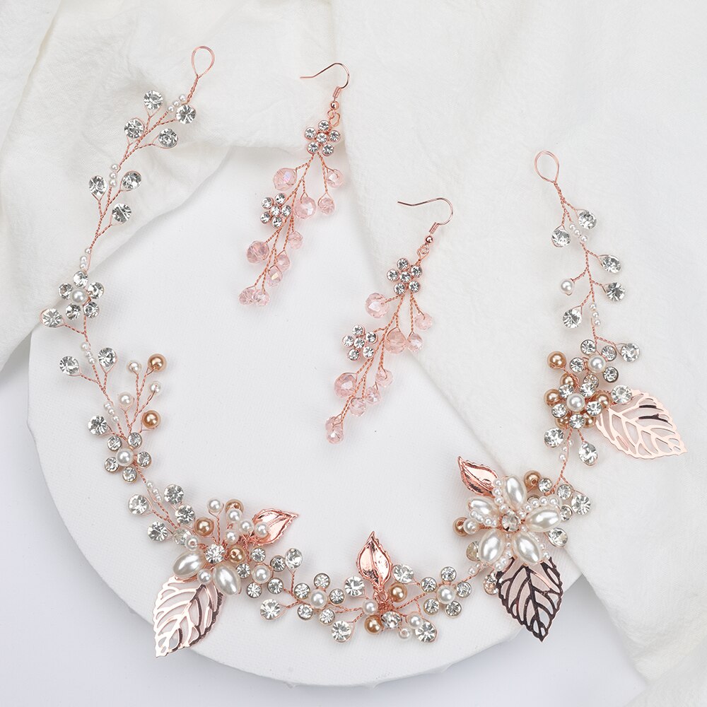 Glinsterende kristallen parels met strass steentjes in roségoud, set hoofddeksels voor dames, bruidshoofdband en oorbellen, haaraccessoires voor bruiden