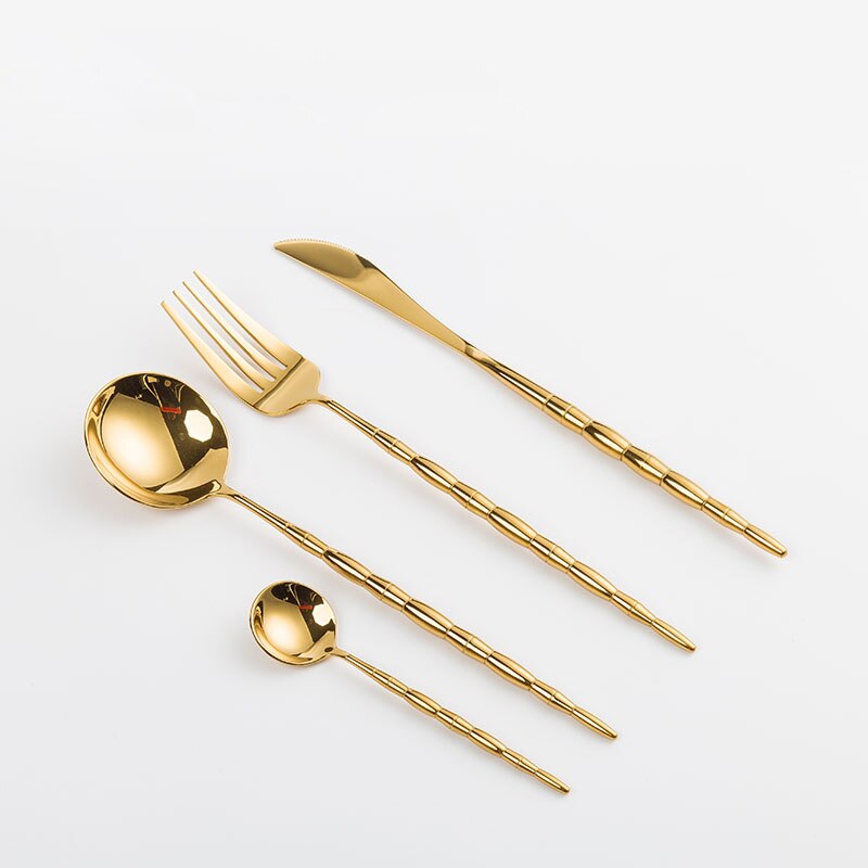 Europæisk bambus bestik kniv gaffel og ske sæt 304 rustfrit stål bøf kniv og gaffel husholdning tallerken kaffeske: Gloden