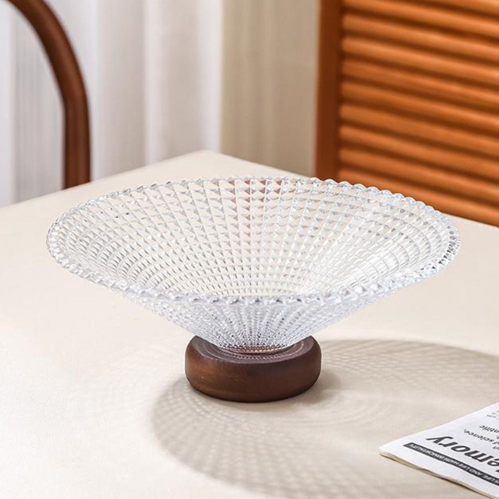Bandeja de bayas de vidrio francés transparente de lujo ligera, plato de fruta decorativo de gran capacidad, Base de madera, bandeja para servir frutas, mesa de té