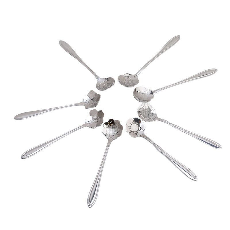 Stainless Steel Flower Spoon Measuring Spoon Kitchen Tool Flower Petal Coffee Stirring Golden Spoon Tableware Dessert Tea Spoon: silver
