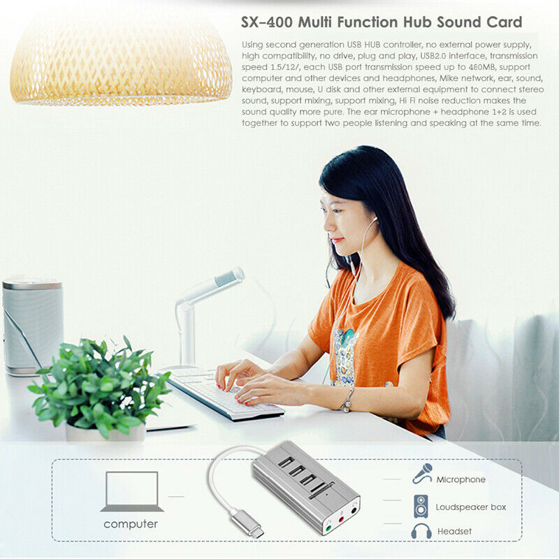 Type-C USB Hub Externe Geluidskaart AUX Mic Headset TF SD Adapter voor Laptop PC